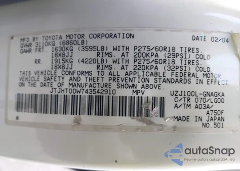 2004 Lexus Lx 470 from USA, damaged, VIN JTJHT00W743542910